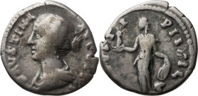 Faustina II. Denarius; Faustina II; Rome, Denarius, 3.42g. Strack-519 (only 1 spec., in BM). Obv: [F]AVSTINA - AVGVST[A] Bust draped left. Rx: [AVG]VS...