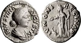 Faustina II. Denarius; Faustina II; Rome, Denarius, 3.32g. BM-118. Obv: FAVSTINA - AVGVSTA Bust draped r., without band of pearls in hair. Rx: IVNONI ...