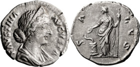 Marcus Aurelius. Denarius; Marcus Aurelius; 161-180 AD, Rome, Denarius, 2.94g. Cf. BM-145 (stephane, but no mention of pearls). Obv: FAVSTINA - AVGVST...