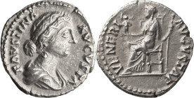 Faustina II. Denarius; Faustina II; Rome, Denarius, 3.45g. BM-159. Obv: FAVSTINA - AVGVSTA Bust draped r. Rx: VENERI - AVGVSTAE on l. and r., Venus se...