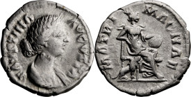 Faustina II. Denarius; Faustina II; Rome, Denarius, 3.43g. Cf. BMC-133, pl. 55.17 (Aureus). Obv: FAVSTINA - AVGVSTA Bust draped r., late hairstyle (co...