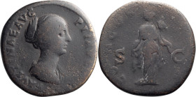 Faustina II. Sestertius; Faustina II; Rome, Sestertius, 20.41g. Strack-1297 (citing only 1 spec., in Copenhagen). Obv: FAVSTINAE AVG - PII AVG [FIL] B...