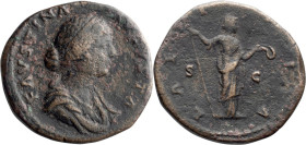 Faustina II. Sestertius; Faustina II; Rome, c. 161-2 AD, Sestertius, 26.11g. Not in BMC. Obv: FAVSTINA - AVGVSTA Bust draped r. Rx: LAE - TI[T]IA on l...