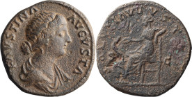 Faustina II. Sestertius; Faustina II; Rome, Sestertius, 23.48g. Cf. BMC-p. 535. Obv: FAVSTINA - AVGVSTA Bust draped r. Rx: SALVTI AVGVST[AE] around, [...