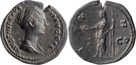 Faustina II. Middle bronze; Faustina II; Rome, Middle Bronze, 11.26g. Unpublished mule? Obv: FAVSTINAE AVG - PII AVG FIL Bust draped r. Rx: IV - NO on...