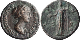 Faustina II. 40-as; Faustina II; Rome, As, 10.29g. Strack-1319. Obv: FAUSTINA AVG - PII AVG FIL Bust draped r. Rx: IV - NO on l. and r., S - C across ...