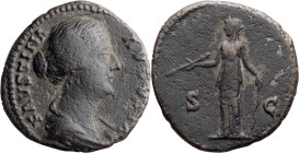 Faustina II. 40-as; Faustina II; Rome, As, 10.73g. Obv: FAUSTINA - AVGVSTA Bust draped r. Rx: S - C across field, Diana standing l., holding arrow in ...