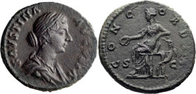 Faustina II. Middle bronze; Faustina II; Rome, Middle Bronze, 9.94g. Cf. BM-971. Obv: FAVSTINA - AVGVSTA Bust draped r. Rx: CONCO - RDIA on l. and r.,...