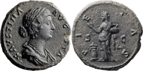 Faustina II. 40-as; Faustina II; Rome, As, 13.67g. Not in BMC. Obv: FAVSTINA - AVGVSTA Bust draped r., with band of pearls in hair Rx: PIE - TAS on l....