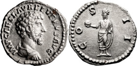Lucius Verus. Denarius; Lucius Verus; 161-169 AD, Rome, 161 AD, Denarius, 3.21g. Bust var. of BMC-29-30. Obv: IMP CAES L AVREL VERVS AVG Bare-headed, ...