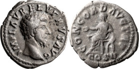 Lucius Verus. Denarius; Lucius Verus; 161-169 AD, Rome, 161 AD, Denarius, 3.23g. BMC-p. 390 note. Obv: IMP L AVREL VERVS AVG Head bare r. Rx: CONCORD ...
