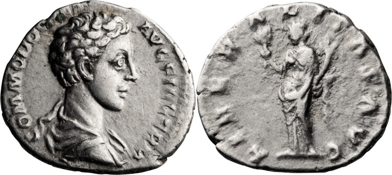 Commodus. Denarius; Commodus; 177-192 AD, Rome, 175 AD, Denarius, 2.50g. Bust va...