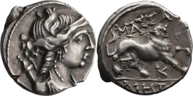 Gaul, Massalia. Drachm; Gaul, Massalia; c. 125-90 BC, Drachm, 2.79g. F&P DRM-41-31. Obv: Diademed and draped bust of Artemis r., bow and quiver on sho...