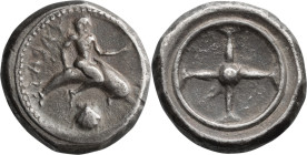 Calabria, Tarentum. Stater; Calabria, Tarentum; 500-473 BC, Stater, 7.69g. SNG ANS-827 ff., Fischer-Bossert-73 (V34/R55), Vlasto-73 ff. Obv: Taras rid...