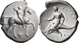 Calabria, Tarentum. Stater; Calabria, Tarentum; c. 355-340 BC, Stater, 7.91g. Cf. Vlasto-657. Obv: Naked boy seated r. and crowning himself on horse s...