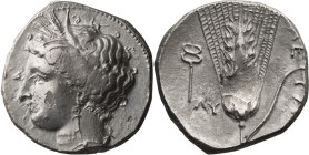 Lucania, Metapontum. Stater; Lucania, Metapontum; c. 300â€“280 BC, Stater, 7.82g. Johnston, Metapontum-A1.4, Historia Numorum Italy-1556. Obv: Head of...