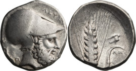 Lucania, Metapontum. AR Nomos; Lucania, Metapontum; 240-330 BC, Nomos, 7.95g. Johnston, Metapontum-B.3, HN Italy-1576. Obv: Helmeted head of Leucippus...