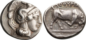 Lucania, Thurium. AR Nomos; Lucania, Thurium; c. 400-350 BC, Nomos, 7.87g. SNG ANS-1035, HN Italy-1787. Obv: Helmeted head of Athena r., helmet decora...
