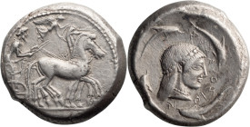 Sicily, Syracuse. Tetradrachm; Sicily, Syracuse; c. 480-475 BC, Tetradrachm, 17.16g. Boehringer-224 (V100/R152), Dewing-734. Obv: Charioteer driving s...