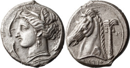 Sicily, Siculo-Punic. Tetradrachm; Sicily, Siculo-Punic; c.320-300 BC, Tetradrachm, 16.95g. Jenkins-189. Obv: Head of Persephone l., four dolphins aro...
