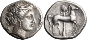 Zeugitania, Carthage. Tetradrachm; Zeugitania, Carthage; c. 345-315 BC, Tetradrachm, 16.57g. Jenkins-110. Obv: Head of Arethusa r.; two dolphins befor...