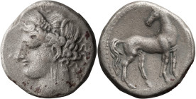 Zeugitania, Carthage. Shekel; Zeugitania, Carthage; First Punic War, 264-241 BC, Shekel, 7.10g. SNG Cop-187. Obv: Wreathed head of Tanit, Rx: Horse st...