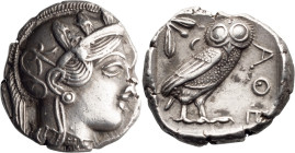 Attic, Athens. Tetradrachm; Attic, Athens; c. 430 BC, Tetradrachm, 17.19g. Obv: Head of Athena r. Rx: Owl leaning r.; olive twig with two leaves and c...