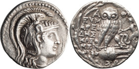 Attic, Athens. Tetradrachm; Attic, Athens; c. 113/112 BC, Tetradrachm, 16.77g. Thompson-681. Obv: Helmeted head of Athena r. Rx: Î•Î¥ÎœÎ‘Î¡Î•Î™Î”Î—Î£,...