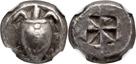 Attic, Aegina. Achaean League Hemidrachm, ex BCD; Attic, Aegina; ca. 525-480 BC, Hemidrachm, 3.07g. SNG Cop-504. Obv: Sea turtle with T back. Rx: Five...