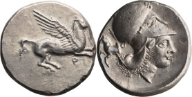 Corinthia, Corinth. Stater; Corinthia, Corinth; 350-330 BC, Stater, 8.53g. Calciati-145. Obv: Ï˜ Pegasos with straight wings flying left. Rx: Helmeted...
