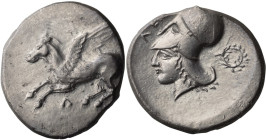 Acarnania, Leucas. Stater; Acarnania, Leucas; 350-330 BC, Stater, 8.53g. Calciati-64/1. Obv: Î› Pegasos flying left Rx: Î›Î•Y Head of Athena to left, ...