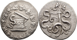 Mysia, Pergamum. Cistophoric Tetradrachm; Mysia, Pergamum; c. 166-160 BC, Cistophoric Tetradrachm, 12.28g. Kleiner/Noe-7. Obv: Cista mystica with half...
