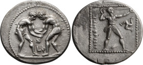 Pamphylia, Aspendus. Stater; Pamphylia, Aspendus; 380-325 BC, Stater, 10.91g. SNG France-105, SNG von Aulock-4565. Obv: Two wrestlers grappling, LÎ¦ b...
