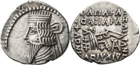 Parthia, Pakoros I. Drachm; Parthia, Pakoros I; Ecbatana, c. 78-120 AD, Drachm, 3.74g. Shore-413, Sellwood-78.(Both as Vologases III.) Obv: Bust l., w...