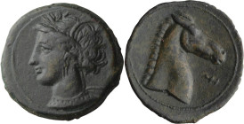 Zeugitania, Carthage. AE 20; Zeugitania, Carthage; Sardinian Mint, 300-264 BC, AE 20, 5.46g. Cf. SNG Cop-144-54; CNP 252aw. Obv: Head of Tanit l. wear...