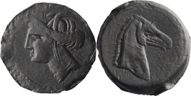 Zeugitania, Carthage. AE 19; Zeugitania, Carthage; Sardinian mint, First Punic War, 264-241 BC, AE 19, 19.63g. SNG Cop-192. Obv: Head of Tanit l., wea...
