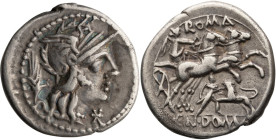 Cn. Domitius Ahenobarbus. Denarius; Cn. Domitius Ahenobarbus; 128 BC, Denarius, 3.84g. Syd-514, Cr-261/1, Domitia 14. Obv: Helmeted head of Roma r., w...