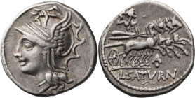 Lucius Appuleius Saturninus. Denarius; Lucius Appuleius Saturninus; 104 BC, Denarius, 3.98g. Cr-317/3b, Syd-578a, Appuleia 1. Obv: Helmeted head of Ro...