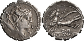 Ti. Claudius Ti.f.Ap.n.Nero. Denarius; Ti. Claudius Ti.f.Ap.n.Nero; 79 BC, Denarius, 3.85g. Cr-383/1, Syd-770, Claudia 5. Obv: Bust of Diana r., bow a...