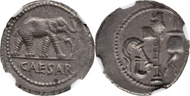 Julius Caesar. Denarius; Julius Caesar; Military Mint, 49-48 BC, Denarius, 4.12g. Cr-443/1, Syd-1006, Sear, Imperators-9. Obv: Elephant r. trampling s...