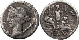 Julius Caesar. Denarius; Julius Caesar; Denarius, 3.67g. Crawford-468/2, Syd-1015. Obv: Diademed bust of Venus, Cupid on her shoulder to left , lituus...