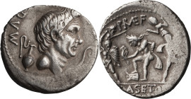Sextus Pompey. Denarius; Sextus Pompey; 42-40 BC, Denarius, 3.81g. Cr-511/3a; Syd-1344 (R5); Sear, Imperators-334. Obv: Head of Pompey the Great r. be...