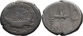 Mark Antony. Denarius; Mark Antony; 32-31 BC, Denarius, 3.59g. Cr-544/18, Syd-1221, C-32, Sear, Imperators-354. Obv: Galley r. Rx: LEG V Legionary eag...