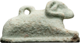 Egyptian Ram Amulet; Egyptian Ram Amulet, Late Period, ca. 715-330 BC. Symbol of Amon, pale faience seated ram. Good condition. L. 1 1/8" (2.9 cm)..