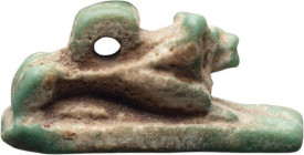 Egyptian Recumbent Lion Amulet; Egyptian Recumbent Lion Amulet, Late to Ptolemaic Period, ca.664-30 BC. Finely modeled with incised details, the front...