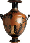 Apulian Red Figure Double Register Hydria; Apulian Red Figure Double Register Hydria, ca. 4th Century BC. The vase features a large body on a cylindri...