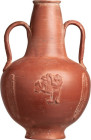 Roman Red Slip Ware Gladiator Bottle; Roman Red Slip Ware Gladiator Bottle, North Africa, ca. 3rd-4th Century AD. A fine redware flask with a lightly ...