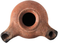 Hellenistic Double Nozzled Oil Lamp; Hellenistic Double Nozzled Oil Lamp, ca. 3rd-2nd Century BC. Bulbous circular body, flat foot. Wieclaw Collection...