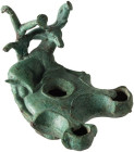 Roman Bronze Double Nozzle Oil Lamp; Roman Bronze Double Nozzle Oil Lamp, Anatolia, ca. 1st Century AD. A rare lamp remarkable for its art and iconogr...