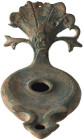Late Roman Bronze Oil Lamp; Late Roman Bronze Oil Lamp, ca. 4th Century AD. Decorative handle, round circular body and an angular volute nozzle. Wiecl...